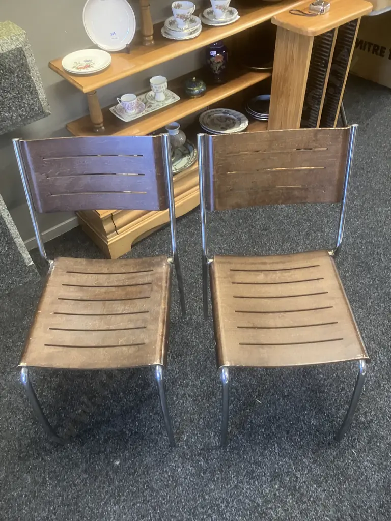 Pair of Slatted Wood / Chromed Base Stacking Chairs Image 1++