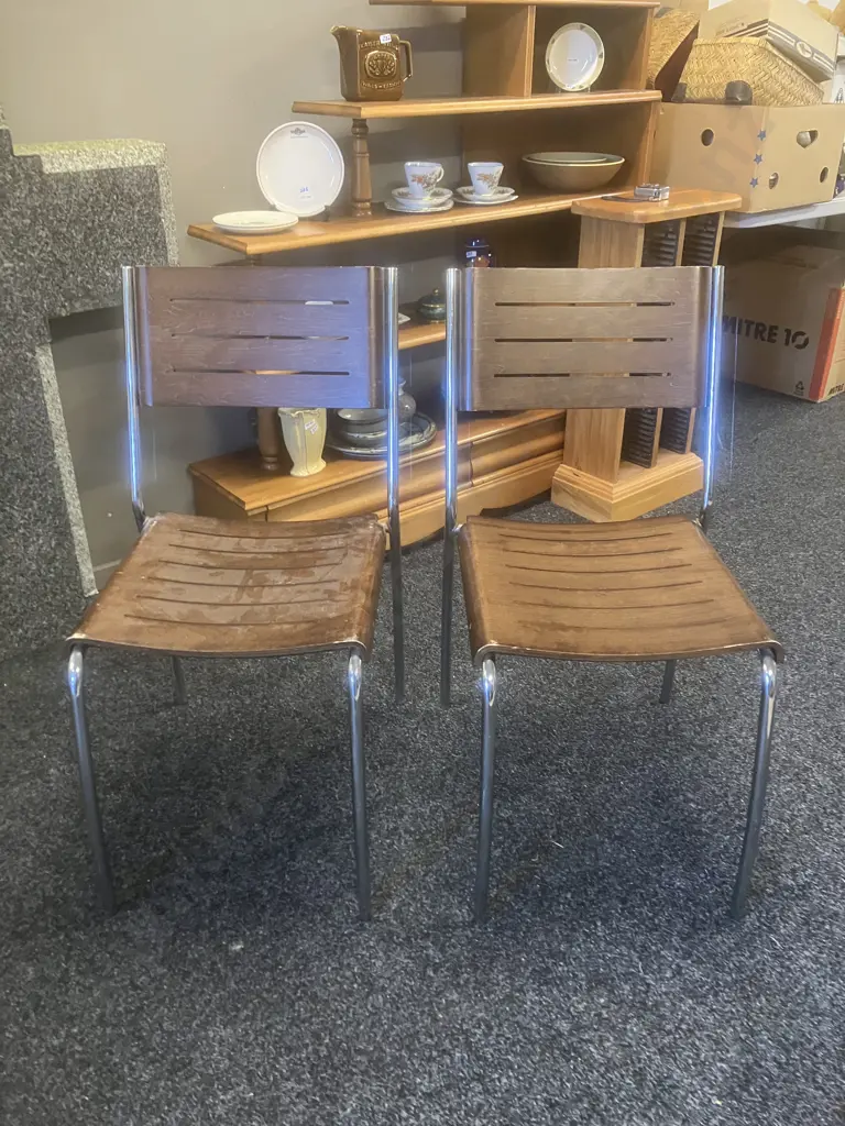 Pair of Slatted Wood / Chromed Base Stacking Chairs Image 1++