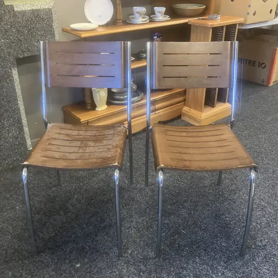 Pair of Slatted Wood / Chromed Base Stacking Chairs