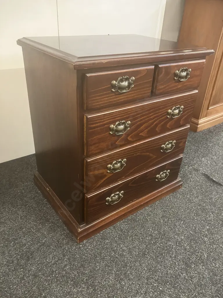 Dark Stained Pine 5 Drawer Tallboy. H77 W69 W50cm Image 1++