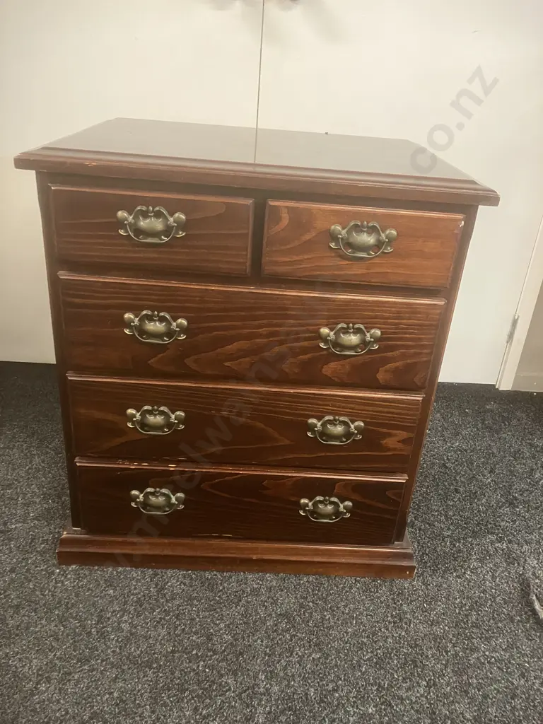 Dark Stained Pine 5 Drawer Tallboy. H77 W69 W50cm Image 1++