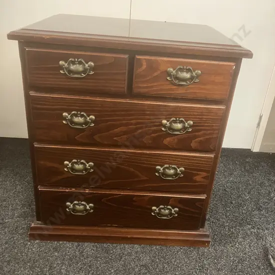Dark Stained Pine 5 Drawer Tallboy. H77 W69 W50cm