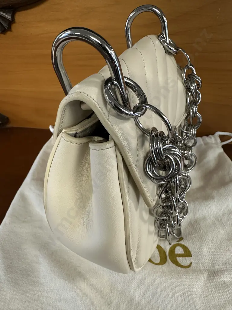 Chole Italian Made Cream Quilted Mini Drew Bijou Shoulder Bag With Chunky Jewellery Inspired Silver Coloured Chain Image 1++
