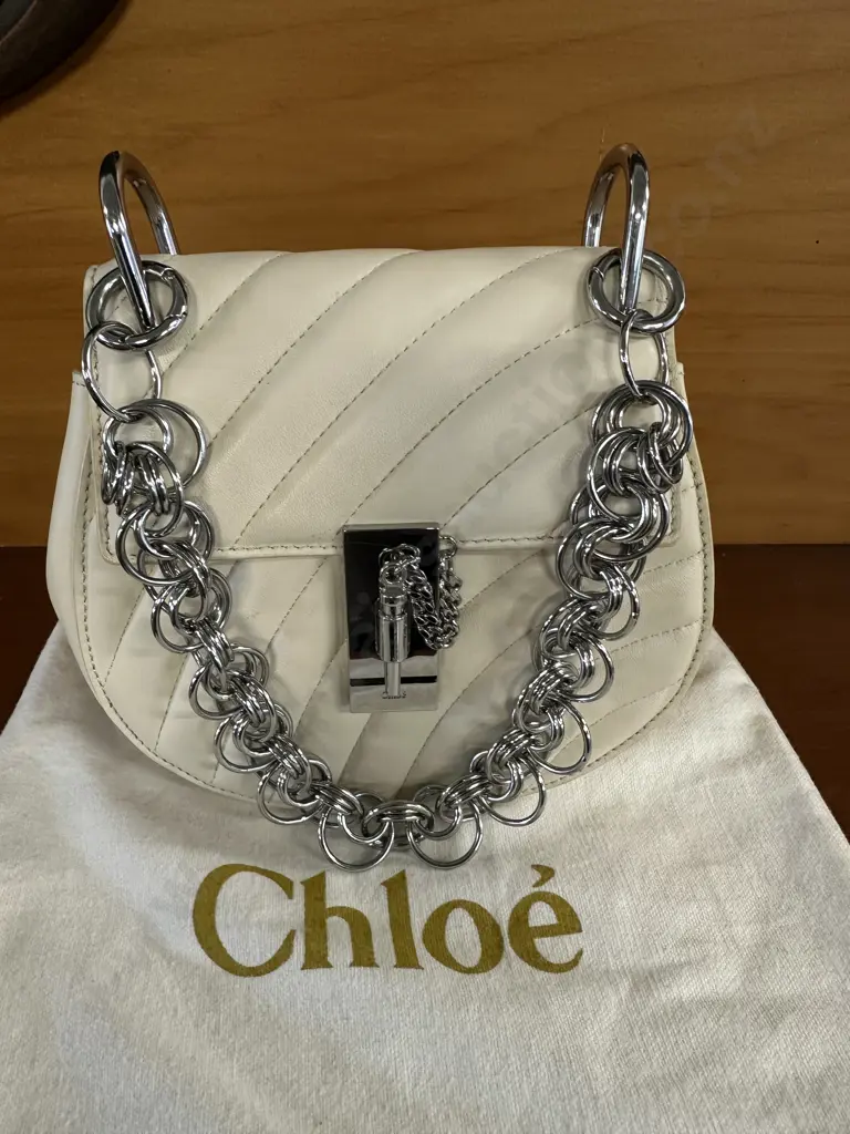 Chole Italian Made Cream Quilted Mini Drew Bijou Shoulder Bag With Chunky Jewellery Inspired Silver Coloured Chain Image 1++