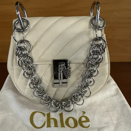 Chole Italian Made Cream Quilted Mini Drew Bijou Shoulder Bag With Chunky Jewellery Inspired Silver Coloured Chain