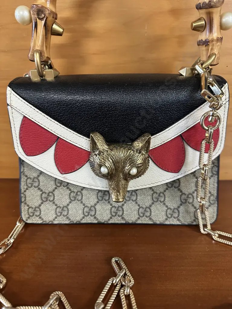 Gucci GG Italian Made Supreme Mini Fox Broche Bamboo Top Handle Bag Image 1++