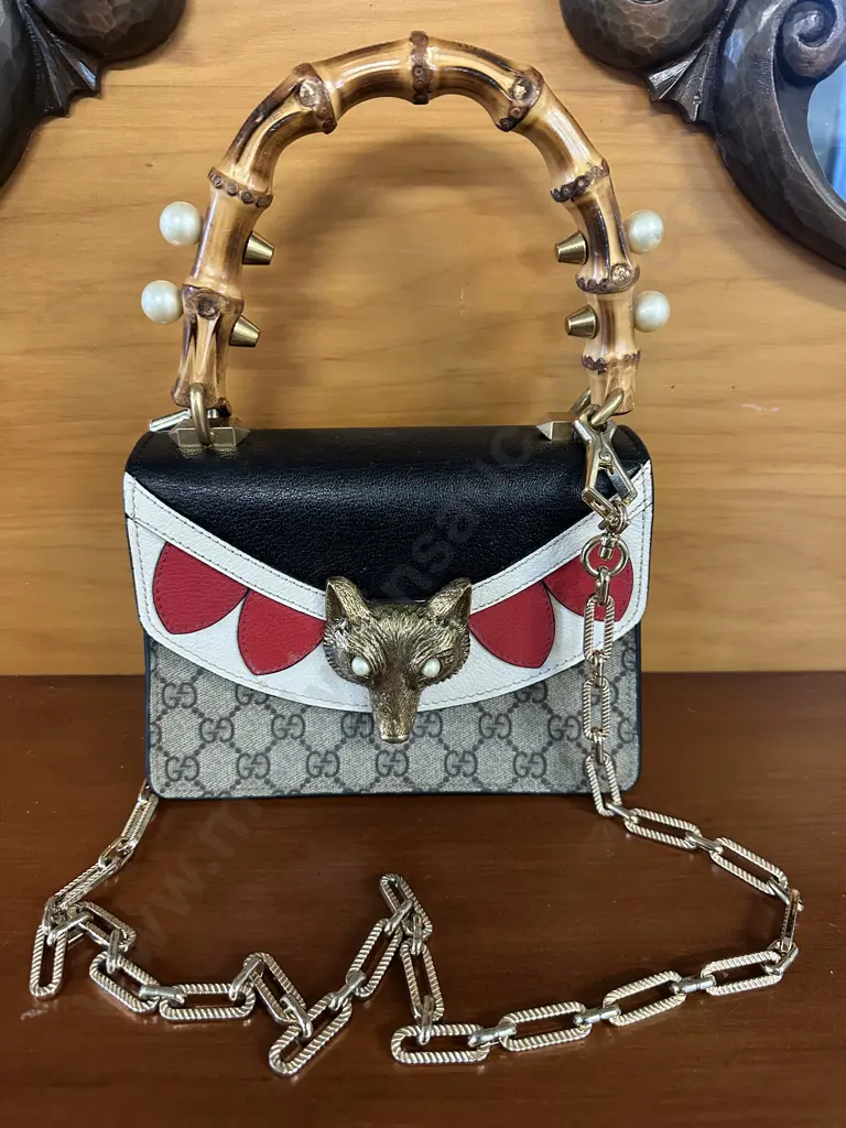 Gucci GG Italian Made Supreme Mini Fox Broche Bamboo Top Handle Bag Image 1++