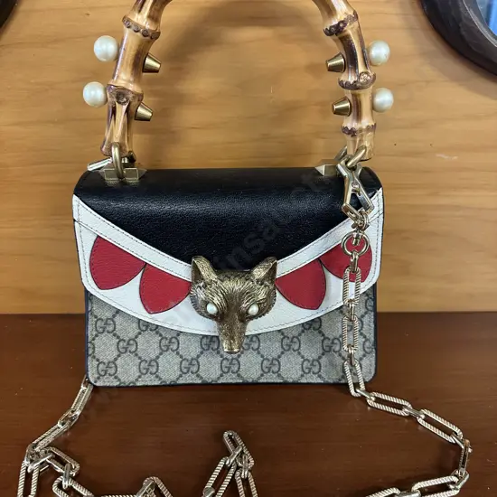 Gucci GG Italian Made Supreme Mini Fox Broche Bamboo Top Handle Bag