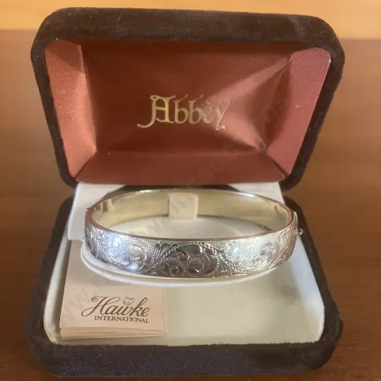 Sterling Silver GP Hinged Engraved Bangle In ABBEY Case With COA