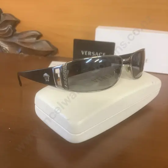 Versace 2021 Black Acetate Gun-Metal Medusa Logo Rectangular Sunglasses With Case