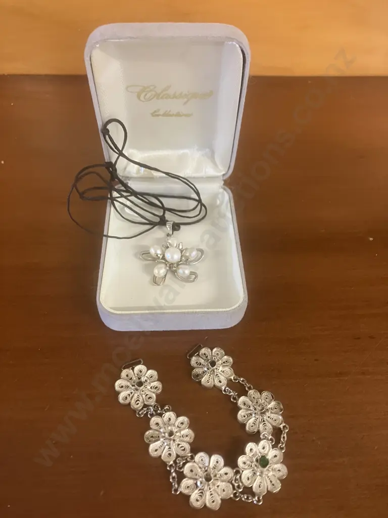 Vintage Silver Filigree Flower Bracelet With One Green Stone (As Found Condition). Pendant Stamped 18KGP Image 1++