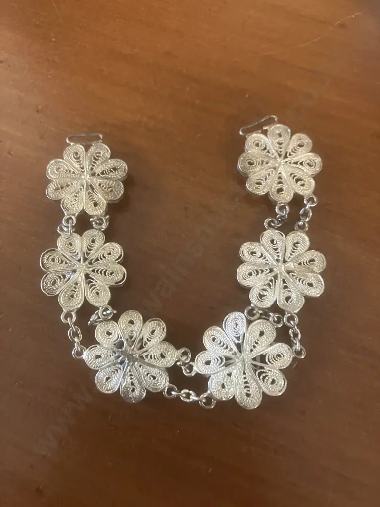 Vintage Silver Filigree Flower Bracelet With One Green Stone (As Found Condition). Pendant Stamped 18KGP Image 1++