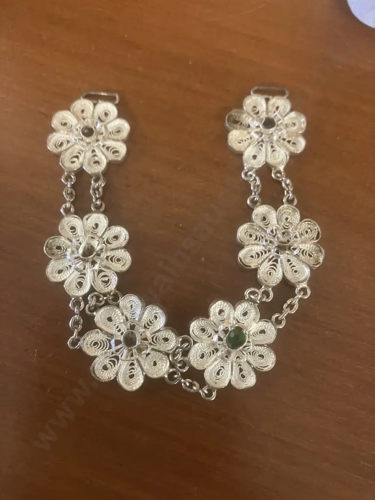 Vintage Silver Filigree Flower Bracelet With One Green Stone (As Found Condition). Pendant Stamped 18KGP Image 1++