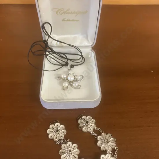 Vintage Silver Filigree Flower Bracelet With One Green Stone (As Found Condition). Pendant Stamped 18KGP