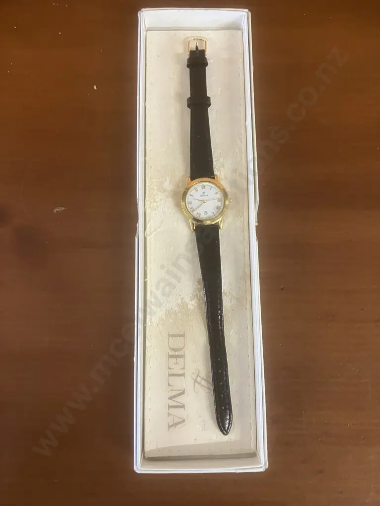 Vintage Delma Swiss Quartz Womens Watch Sapphire Crystal, Date, Leather Strap. 667.153.1, With Original Box Etc - 2003 Image 1++