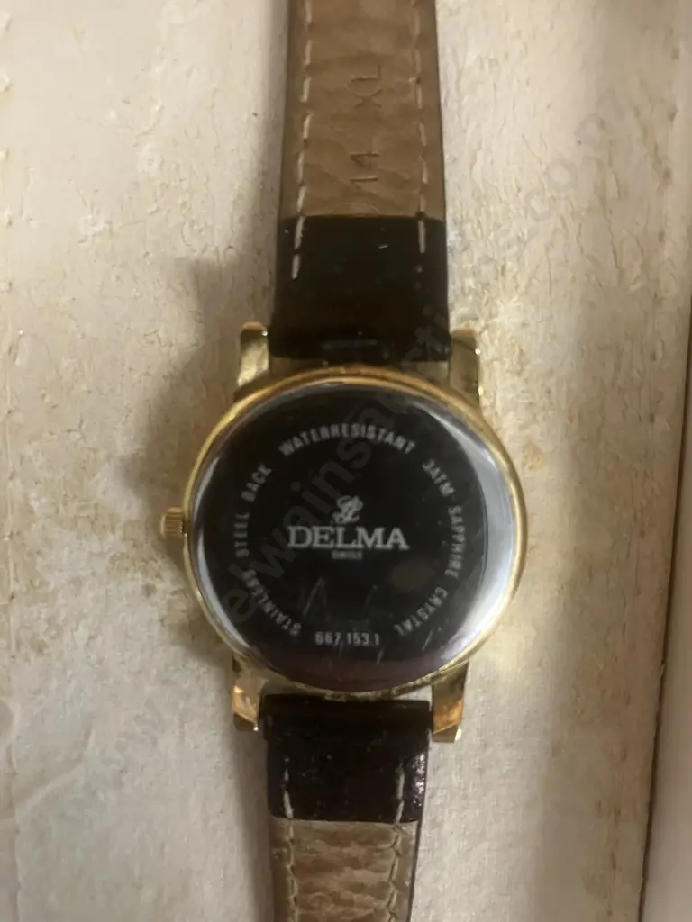 Vintage Delma Swiss Quartz Womens Watch Sapphire Crystal, Date, Leather Strap. 667.153.1, With Original Box Etc - 2003 Image 1++
