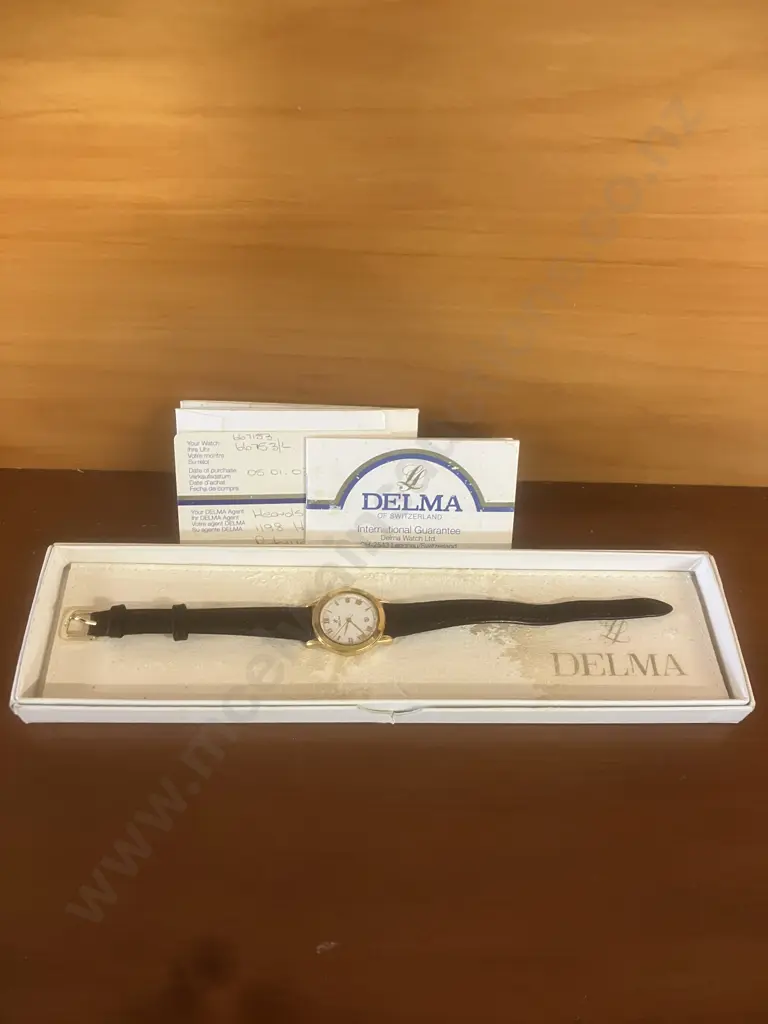 Vintage Delma Swiss Quartz Womens Watch Sapphire Crystal, Date, Leather Strap. 667.153.1, With Original Box Etc - 2003 Image 1++