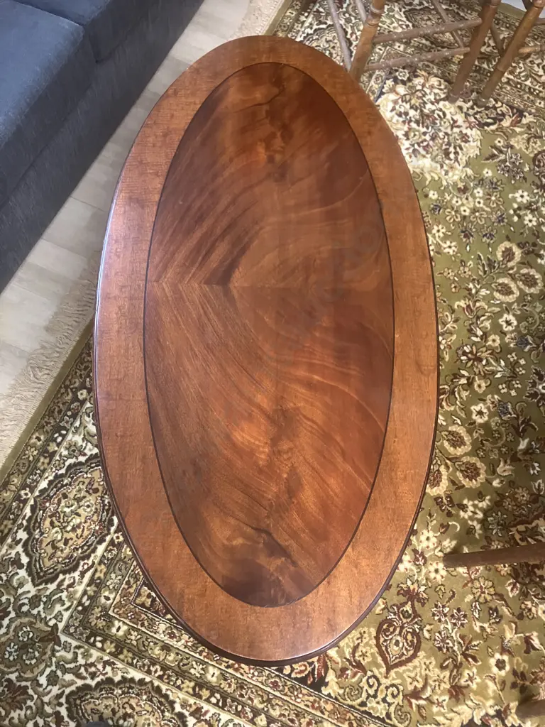Vintage Oval Banded Flame Mahogany Coffee Table With A  Double Column Trestle Base And Stretcher. H51 L112 W56cm Image 1++