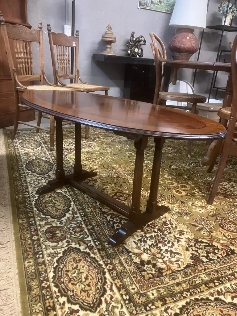 Vintage Oval Banded Flame Mahogany Coffee Table With A  Double Column Trestle Base And Stretcher. H51 L112 W56cm Image 1++