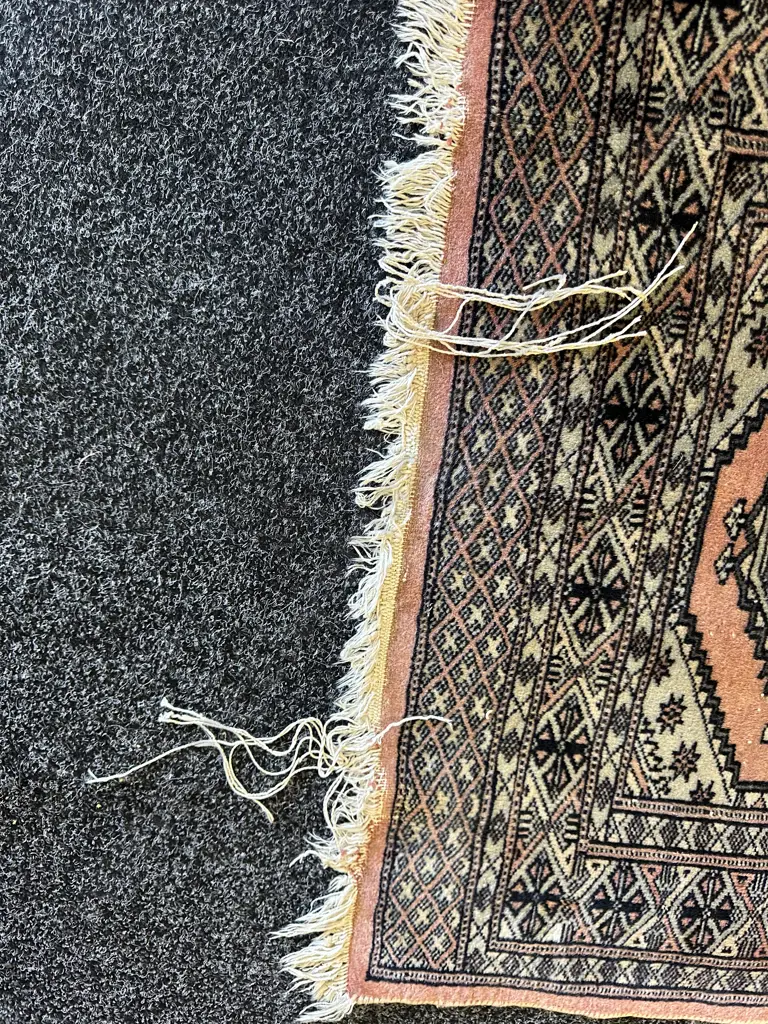 Vintage Hand Knotted Floor Rug With A Distinctive Salmon Pink Background Geometric Diamond & Medallion Motifs 122x76cm.  Image 1++