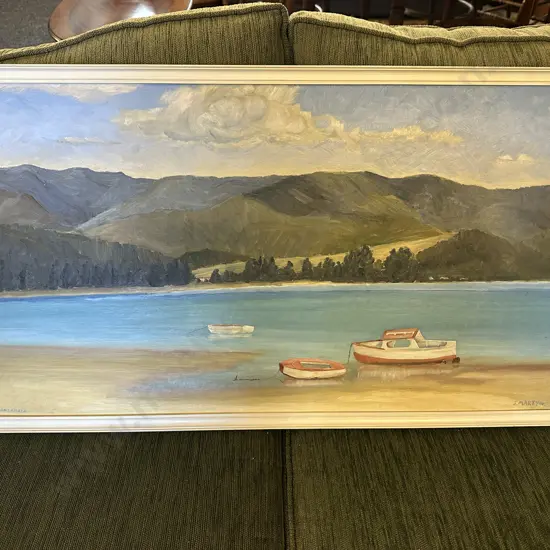 Original Signed Painting By J Martyn Whangamata Harbour 48x84.5cm.