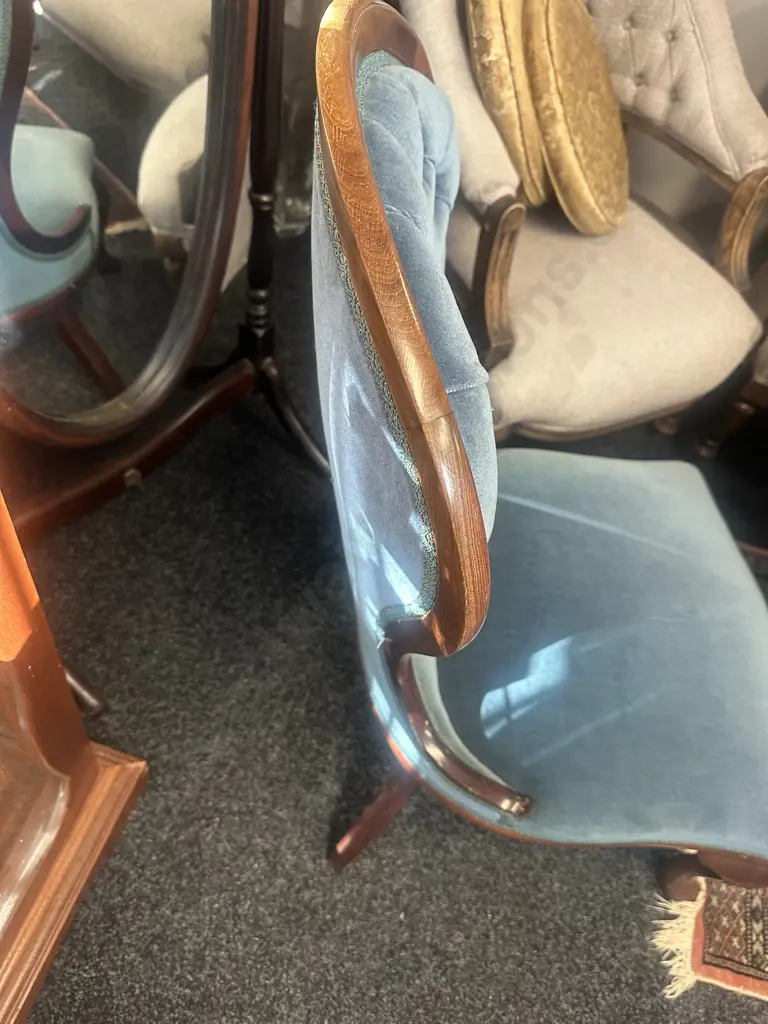 Victorian Style Mahogany Button Back Ladies Parlour Chair Blue Upholstered Image 1++