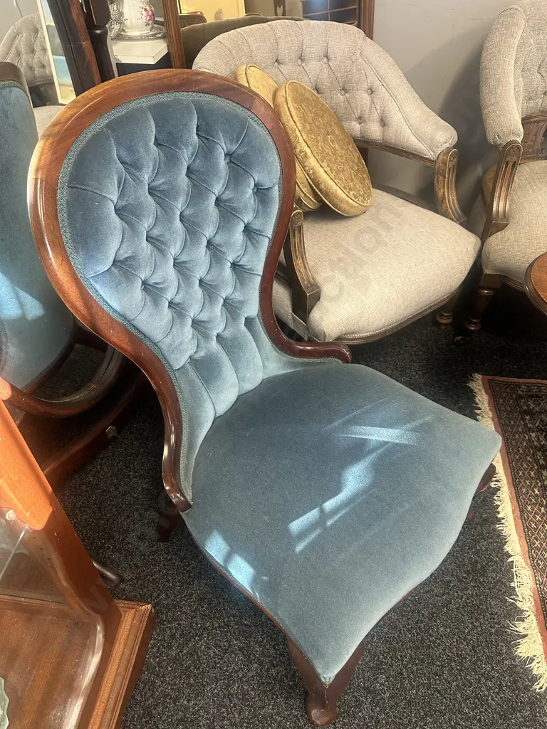 Victorian Style Mahogany Button Back Ladies Parlour Chair Blue Upholstered Image 1++