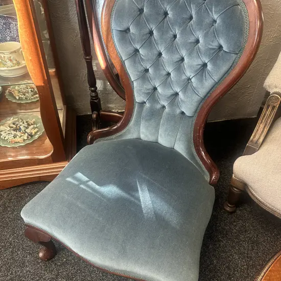 Victorian Style Mahogany Button Back Ladies Parlour Chair Blue Upholstered