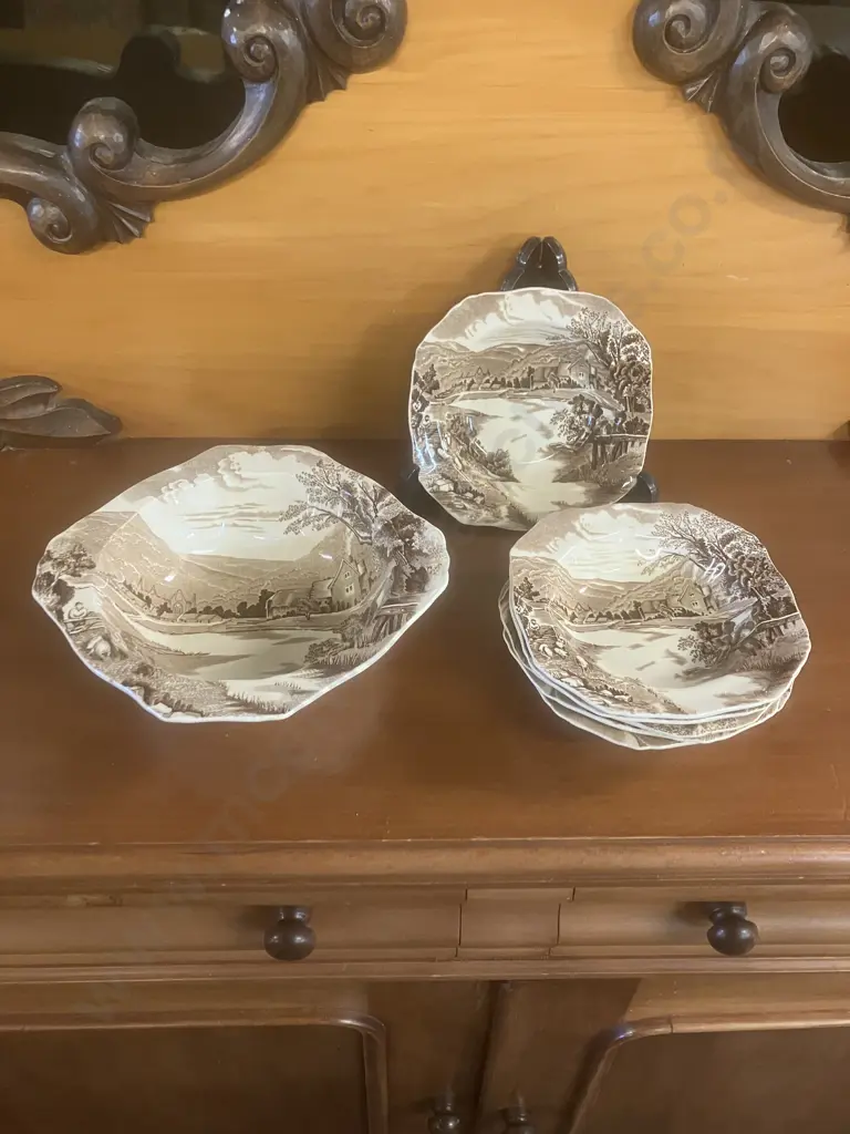 Alfred Meakin Tintern Brown Transferware Serving Bowl With 6 Dessert Bowls, 1920-1940 English Ironstone Image 1++