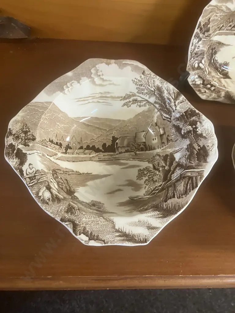 Alfred Meakin Tintern Brown Transferware Serving Bowl With 6 Dessert Bowls, 1920-1940 English Ironstone Image 1++