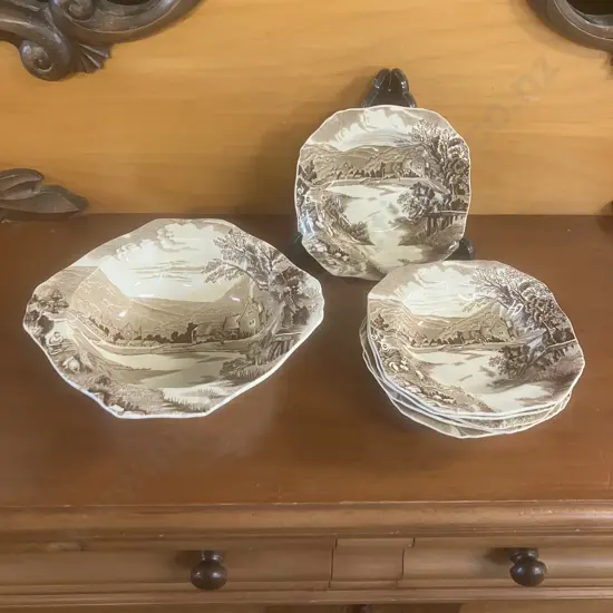 Alfred Meakin Tintern Brown Transferware Serving Bowl With 6 Dessert Bowls, 1920-1940 English Ironstone