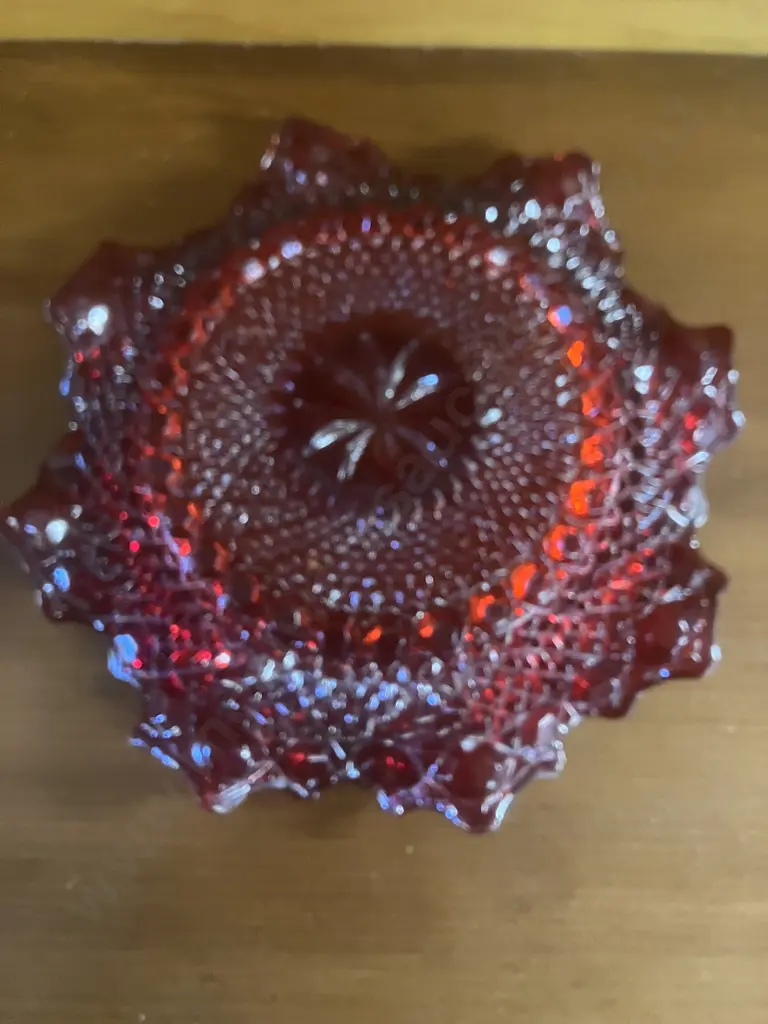 Stunning Sowerby Ruby Red Pressed Glass Shallow Bowl, Chunky Pattern 2266, Large Ruffled Edge Dish - 1950's England Image 1++