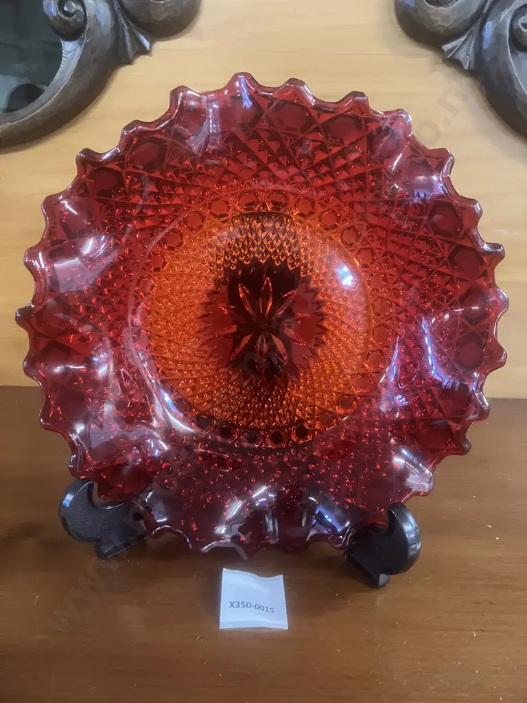 Stunning Sowerby Ruby Red Pressed Glass Shallow Bowl, Chunky Pattern 2266, Large Ruffled Edge Dish - 1950's England Image 1++