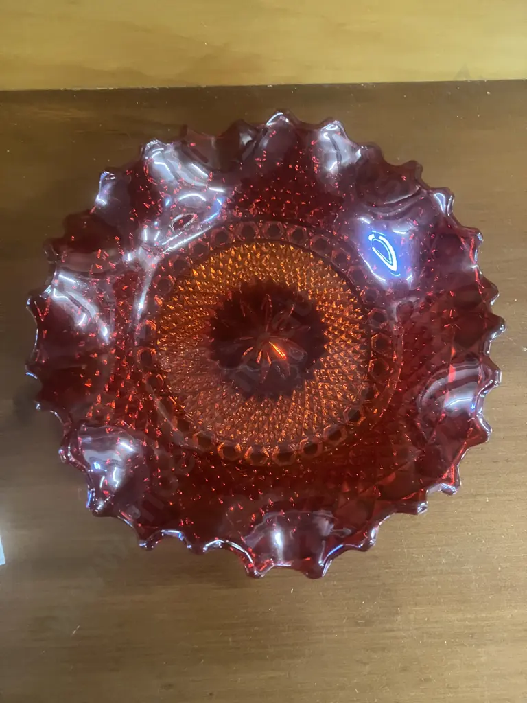 Stunning Sowerby Ruby Red Pressed Glass Shallow Bowl, Chunky Pattern 2266, Large Ruffled Edge Dish - 1950's England Image 1++