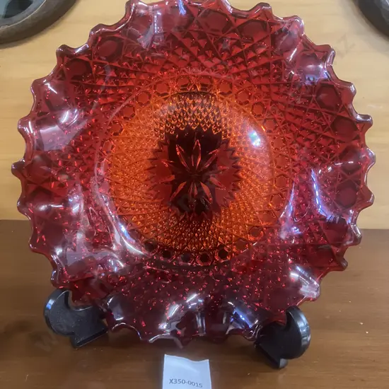 Stunning Sowerby Ruby Red Pressed Glass Shallow Bowl, Chunky Pattern 2266, Large Ruffled Edge Dish - 1950's England