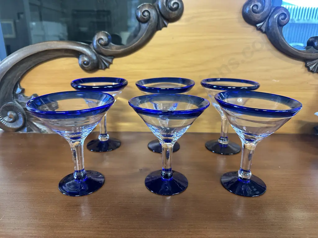 Vintage Hand Blown Margarita / Martini Glasses with Cobalt Blue Rim & Base - Set of Six Image 1++