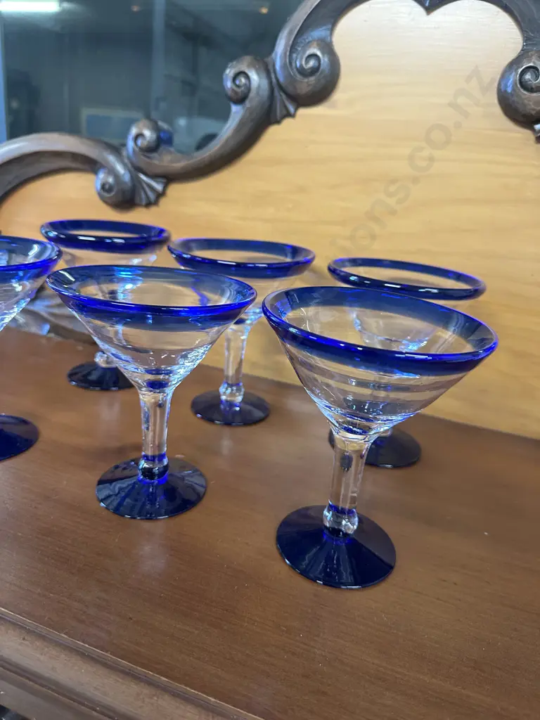 Vintage Hand Blown Margarita / Martini Glasses with Cobalt Blue Rim & Base - Set of Six Image 1++