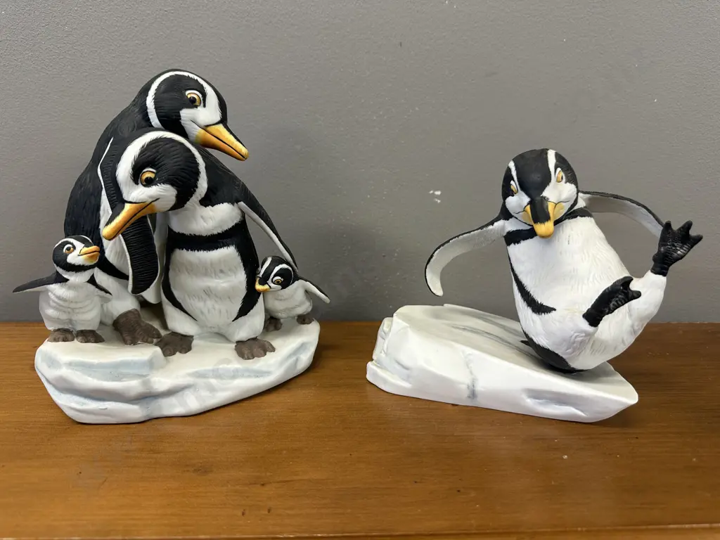 Vintage Franklin Mint 'We Four'  1998 & 'Whoops' 1985 Porcelain Penguin Figurines By Michelle Emblem 1990 Image 1++