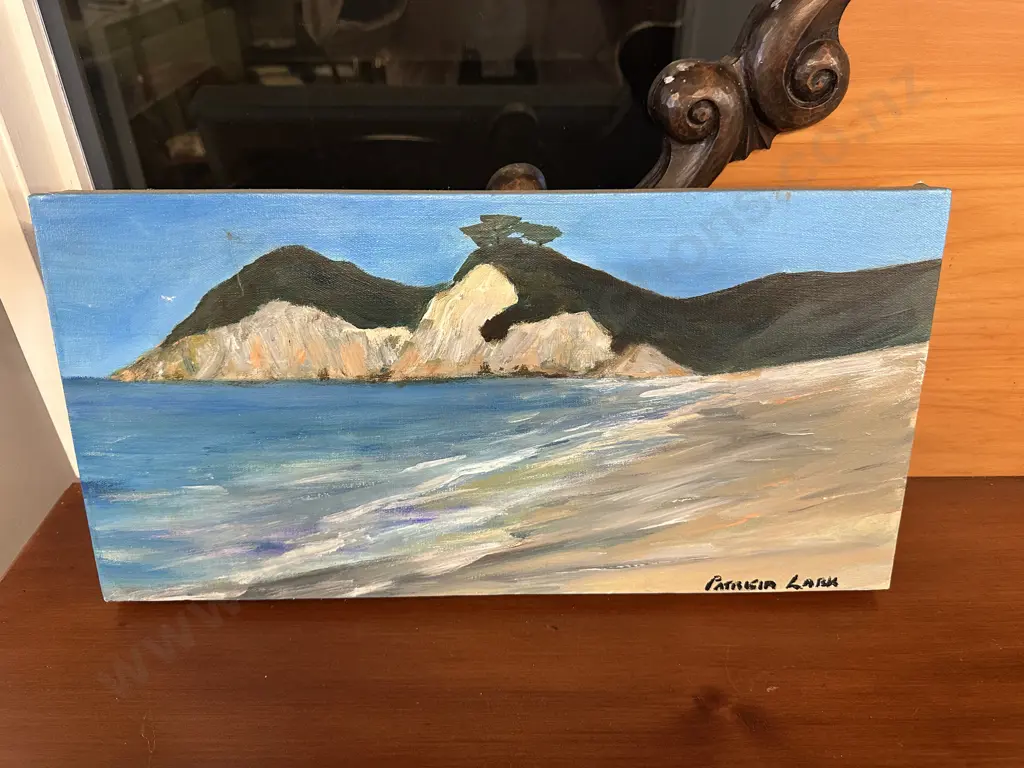 Painting On Canvas By Patricia Lark Coastal Landscape With Sandy Beach 25.5x51cm. Image 1++