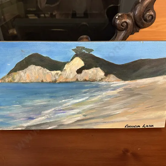 Painting On Canvas By Patricia Lark Coastal Landscape With Sandy Beach 25.5x51cm.