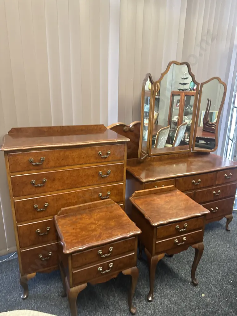 Five Piece Bedroom Suite Walnut Detail Consisting Of Dressing Table, Head Board, Tall Boy & Pair Of Bedsides Image 1++