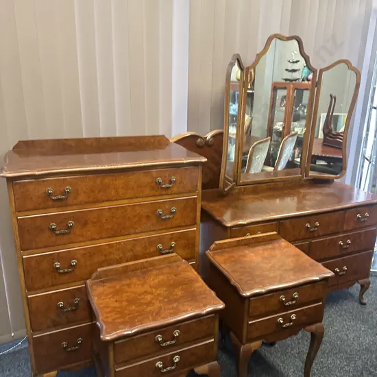Five Piece Bedroom Suite Walnut Detail Consisting Of Dressing Table, Head Board, Tall Boy & Pair Of Bedsides
