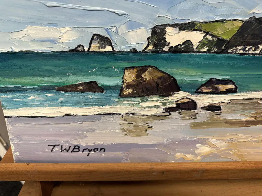 Signed Artwork By TW Bryon Painting On Canvas Whangamata Coastal Landscape 36x46cm. Image 1++