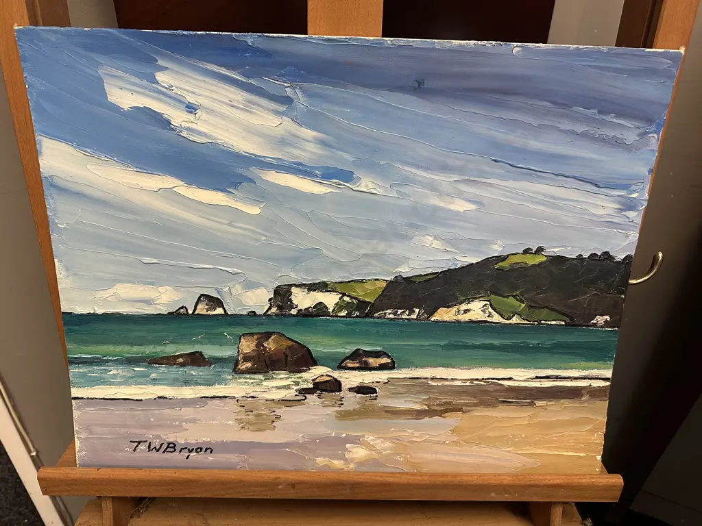 Signed Artwork By TW Bryon Painting On Canvas Whangamata Coastal Landscape 36x46cm. Image 1++