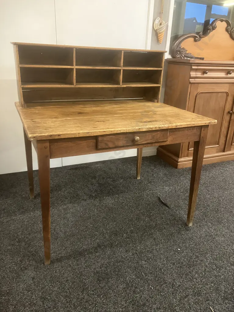 Antique Oak Writing Desk, Single Drawer With Divided Shelf Unit. H108 W100 D79cm Image 1++