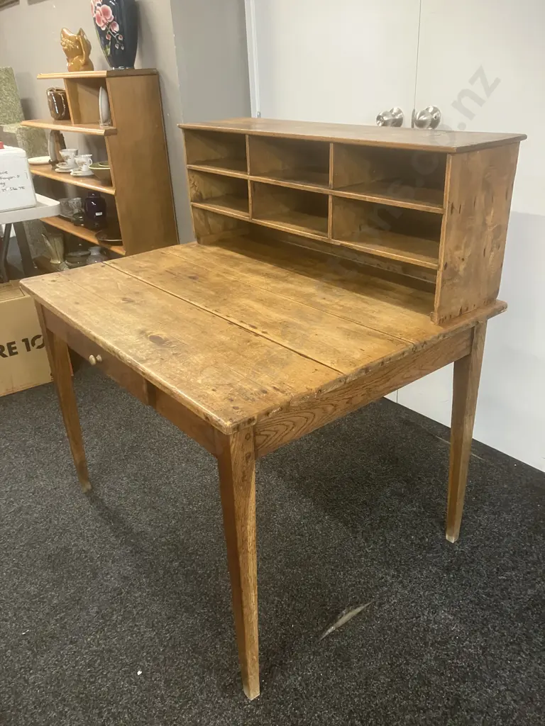 Antique Oak Writing Desk, Single Drawer With Divided Shelf Unit. H108 W100 D79cm Image 1++