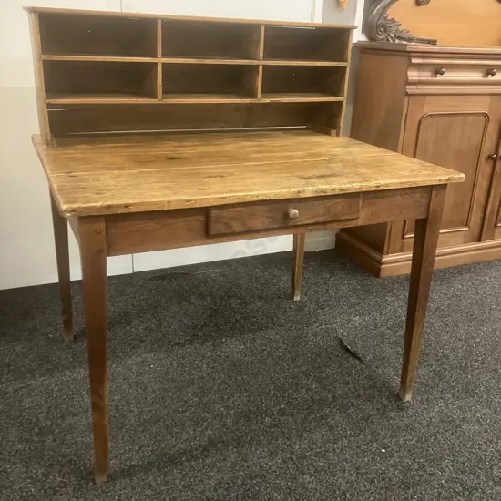 Antique Oak Writing Desk, Single Drawer With Divided Shelf Unit. H108 W100 D79cm