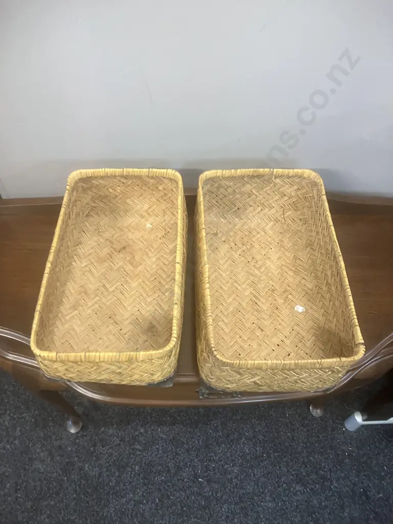 Pair of Vintage Woven Storage Baskets With Leather Corners. H16 L40 W24cm & H15 L38 W22cm Image 1++