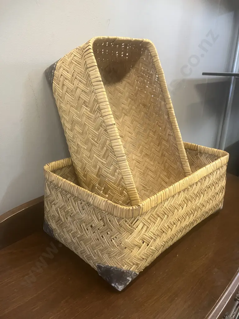 Pair of Vintage Woven Storage Baskets With Leather Corners. H16 L40 W24cm & H15 L38 W22cm Image 1++