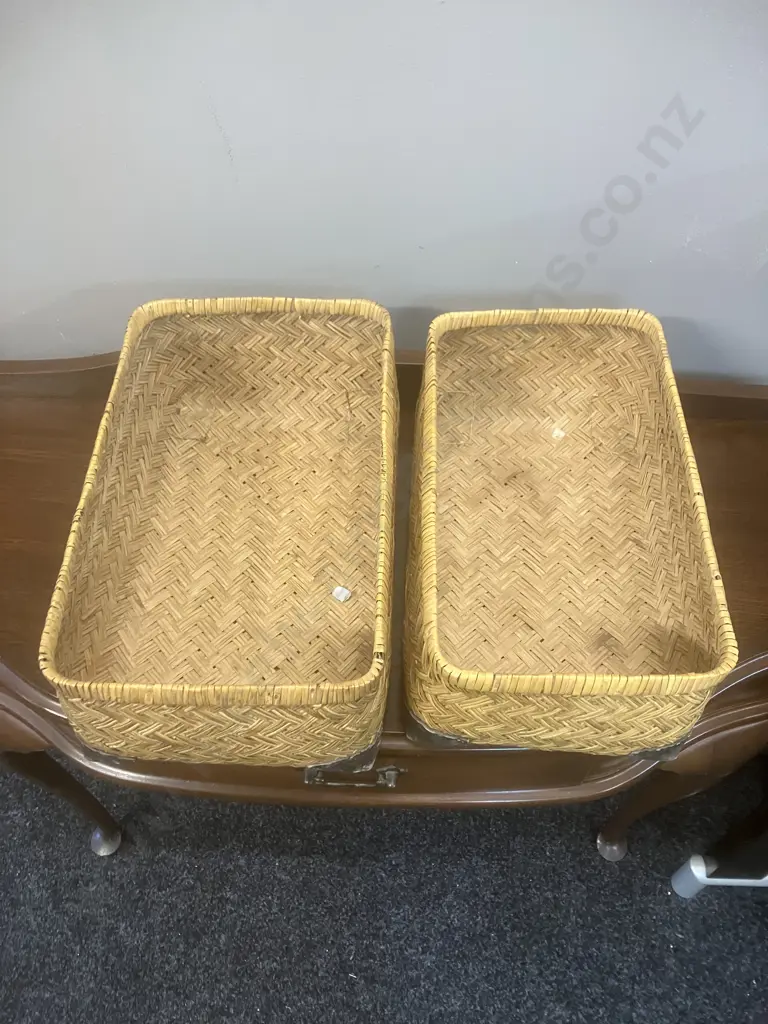Pair of Vintage Woven Storage Baskets With Leather Corners. H16 L40 W24cm & H15 L38 W22cm Image 1++